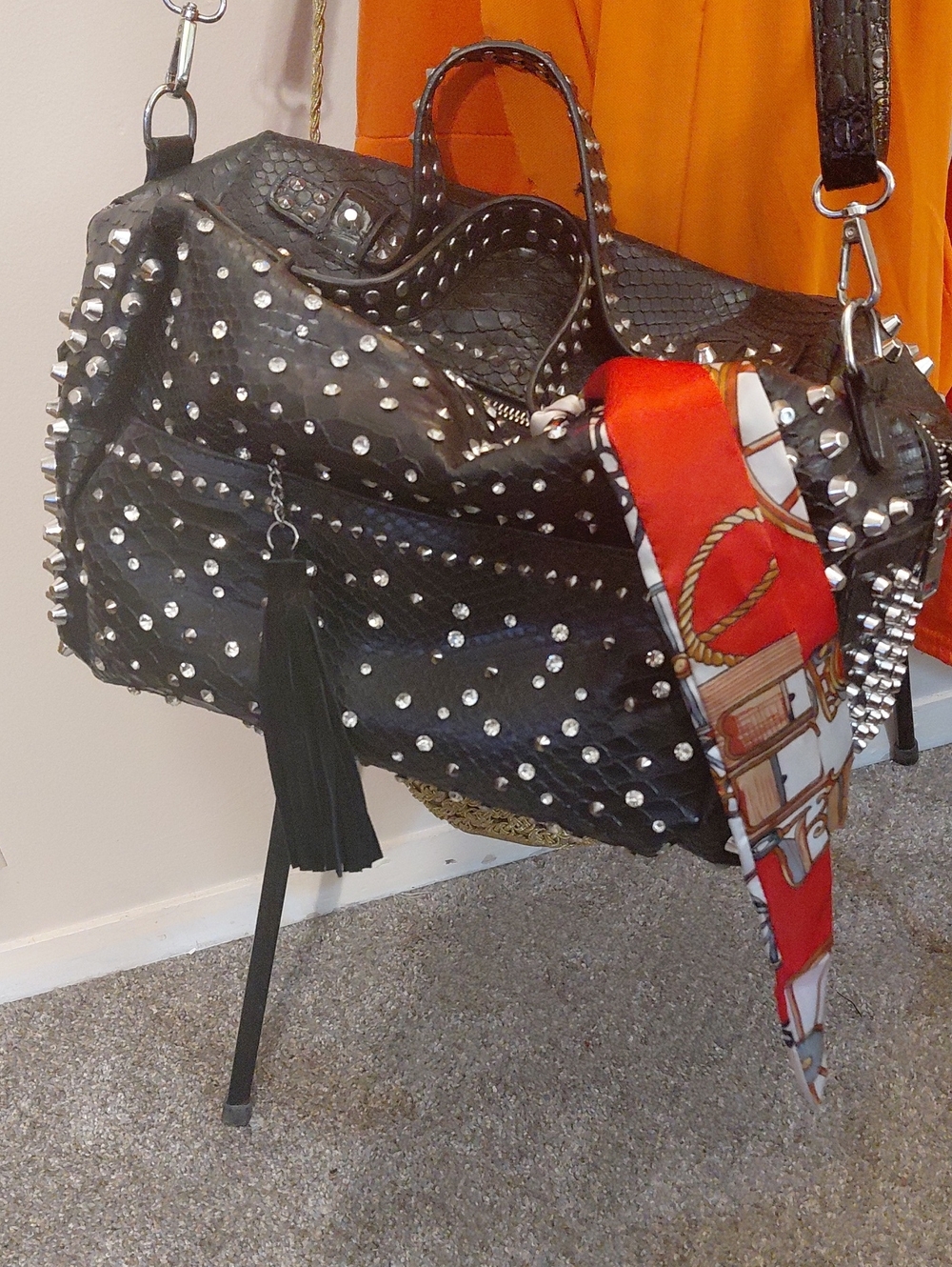 Black Studded Travel Bag with Tassel and Scarf Accent